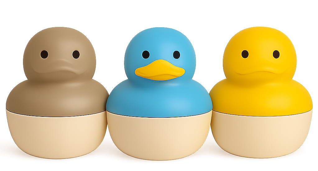 Three colorful rubber duck toys, with the first being beige, the middle one blue, and the third yellow, all with white bases.