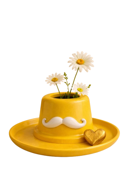 Yellow hat-shaped planter with white daisies, a white mustache decoration, and a gold heart, sitting on a matching yellow tray.