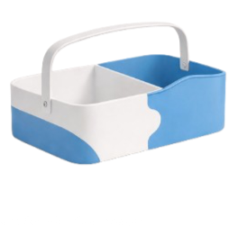 A plastic caddy with a white and blue color scheme, featuring a handle and two compartments.