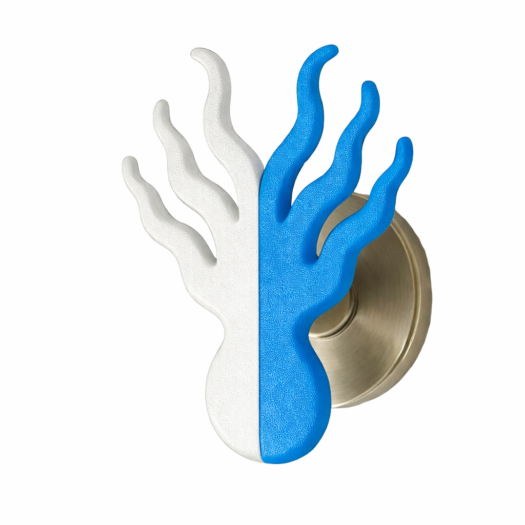 A door handle in the shape of a hand with elongated fingers, half painted white and half painted blue, with a metallic base