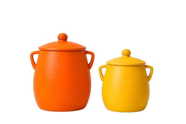 Two colorful ceramic pots with lids, one orange and one yellow, on a white background.