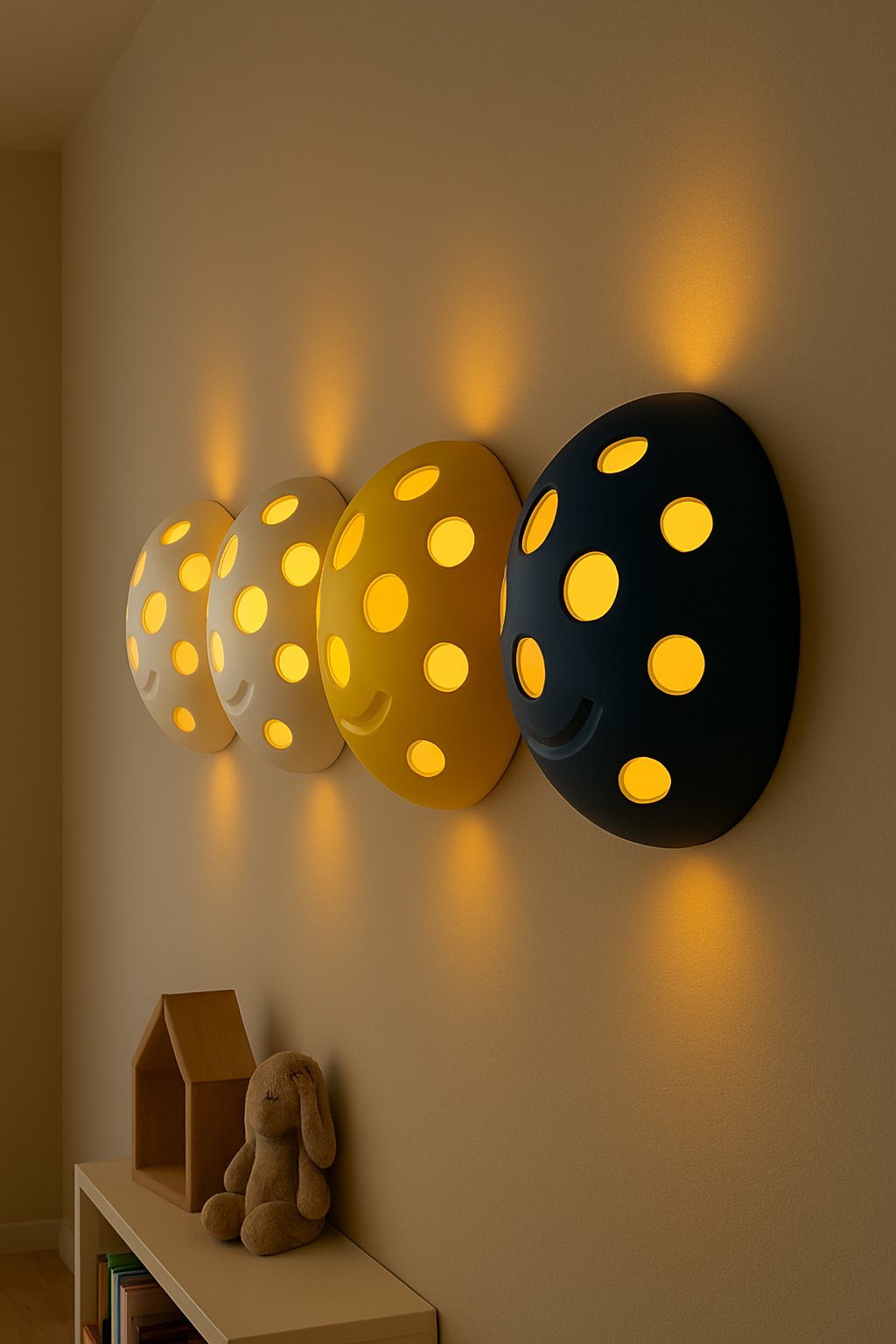 Decorative wall lamps shaped like smiling faces with grumpy expressions, mounted in a row with warm yellow light.