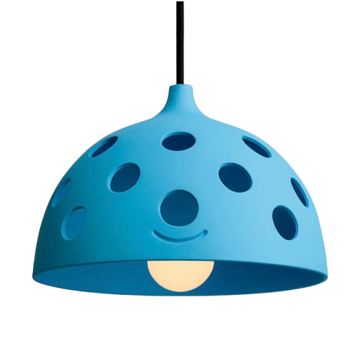 Blue hanging lamp with circular holes and a smiling face design.