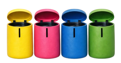 Four colorful pencil sharpeners in yellow, pink, blue, and green, each with an open lid.