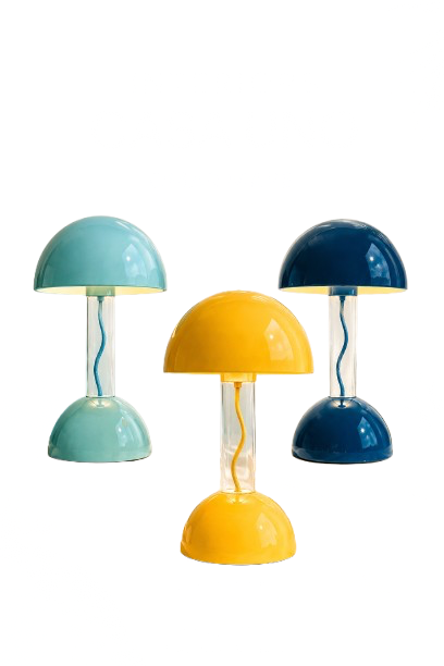 Three colorful table lamps in blue, yellow, and green with the word 'GROUNDS' written above them.