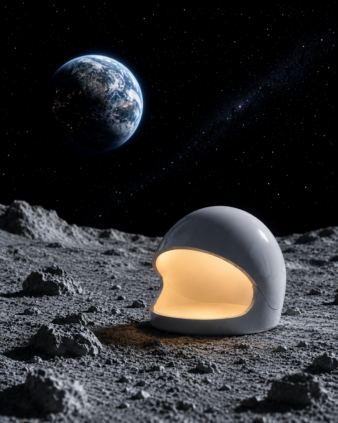 A futuristic astronaut helmet on the moon's surface with Earth in the background of space.