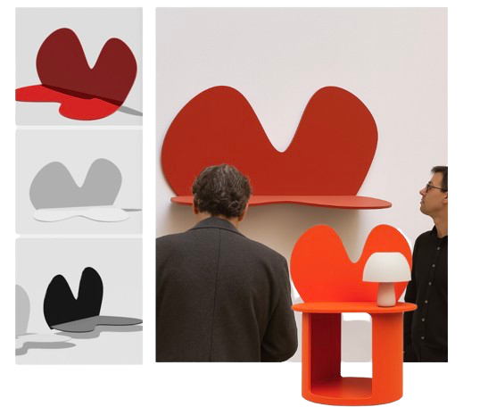 Two men viewing a modern red seating unit with a matching side table, shaped like a stylized bunny, displayed on a white gallery wall.