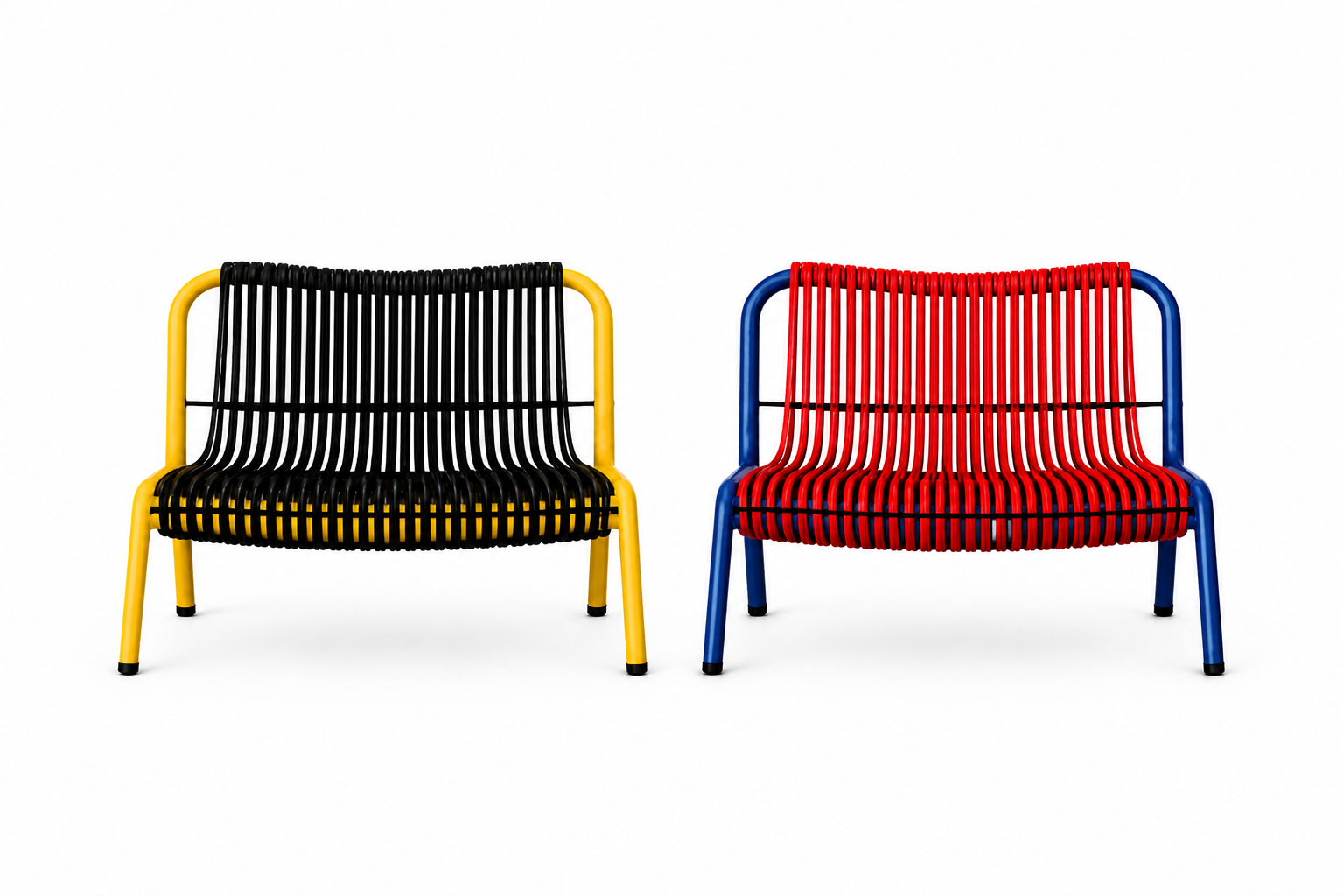 Two colorful modern chairs with black woven seats and backs, one with yellow frame and the other with blue frame, positioned against a white background.