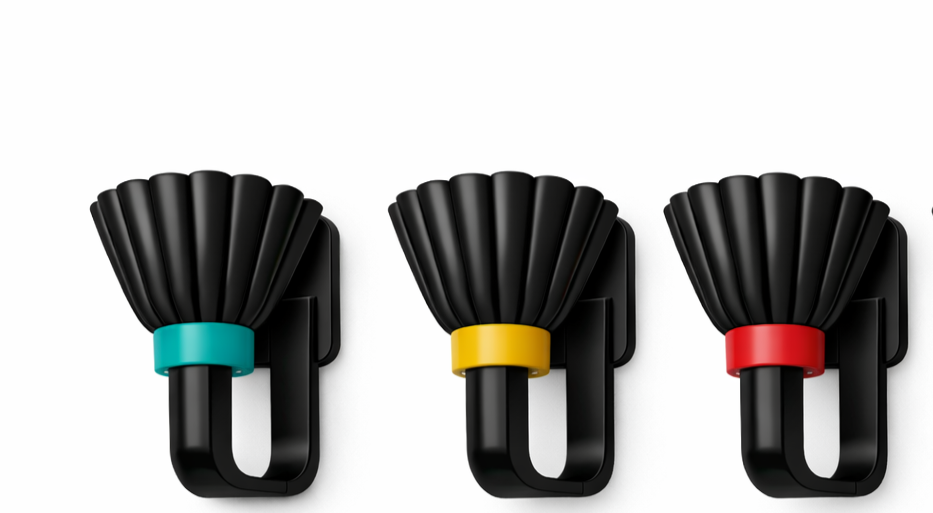 Wall-mounted black hooks with colorful rubber accents in teal, yellow, and red, arranged in a row, on a white background.