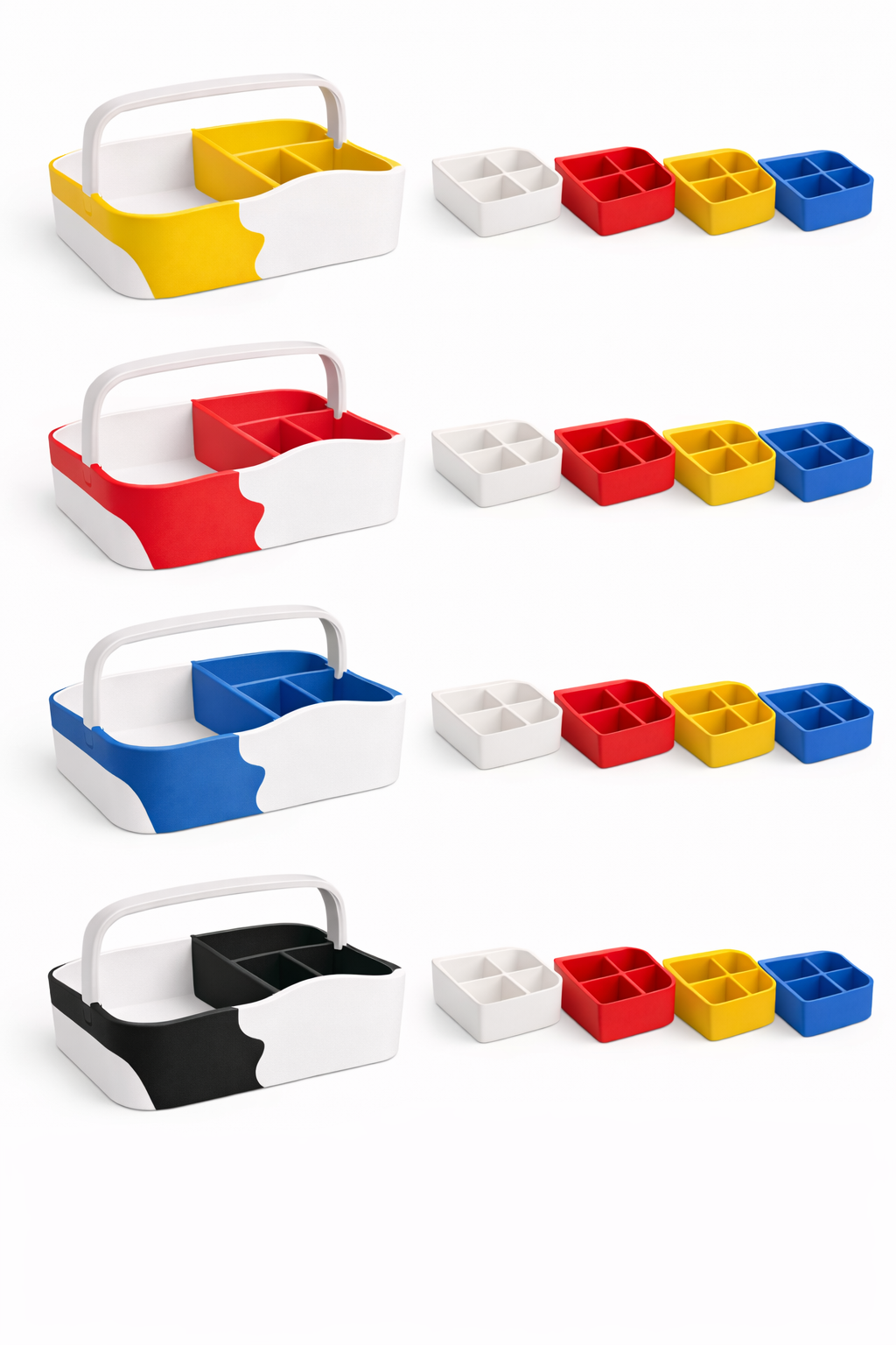 Colorful plastic snack containers in yellow, red, blue, and black, each with separate compartments, displayed with matching containers.