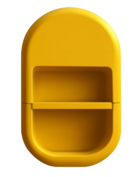 Yellow plastic container with two compartments, set against a black background with white light streaks.