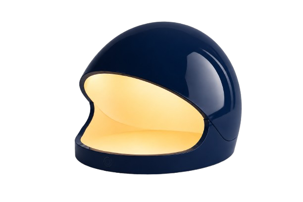 A navy blue helmet with a yellowish interior, resembling a motorcycle or sci-fi helmet.