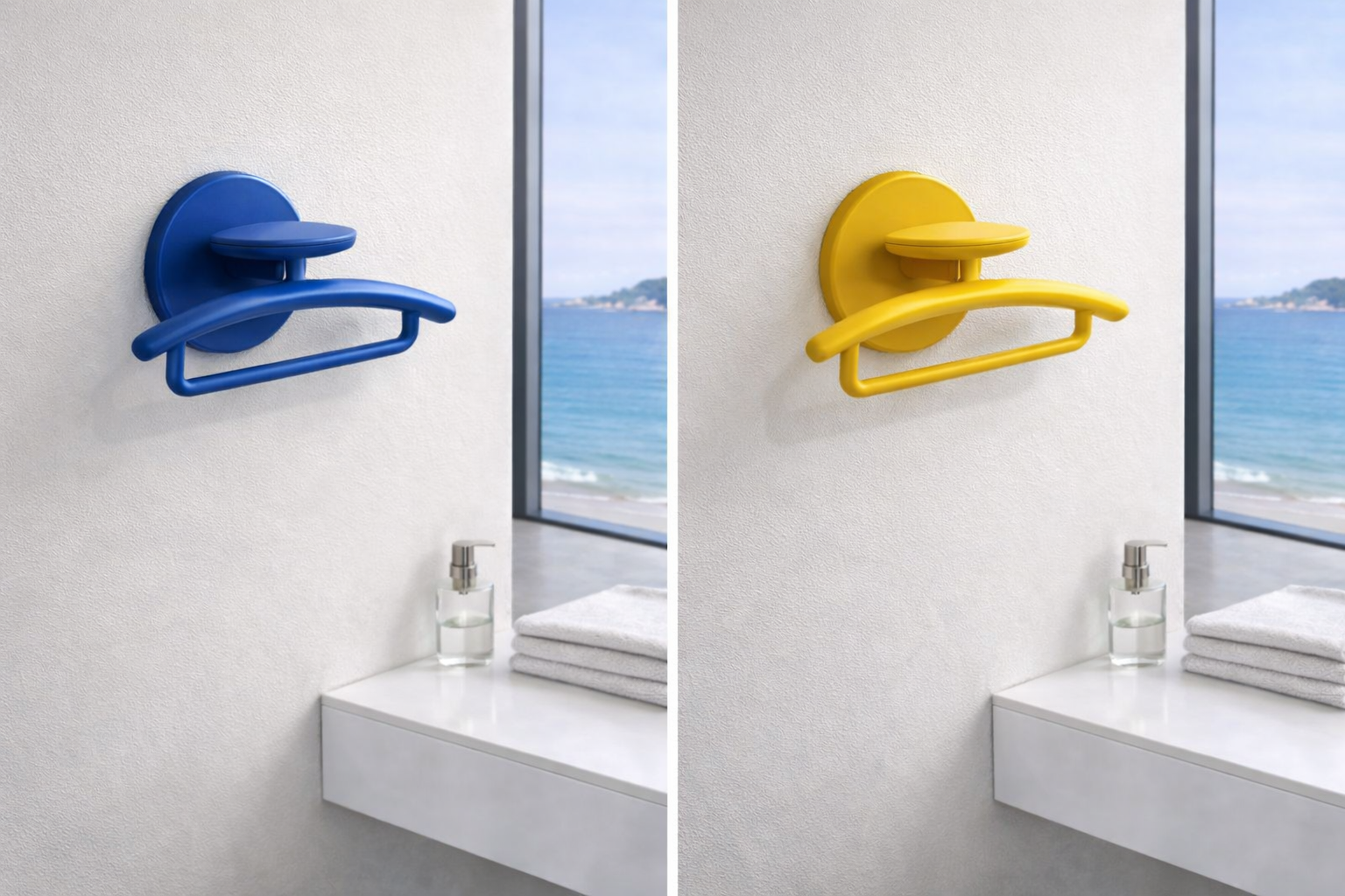 Interior of a bathroom with a view of the beach through a large window. There are two towel racks, one blue on the left wall and one yellow on the right wall, both mounted above a white countertop with a hand sanitizer and folded towels.