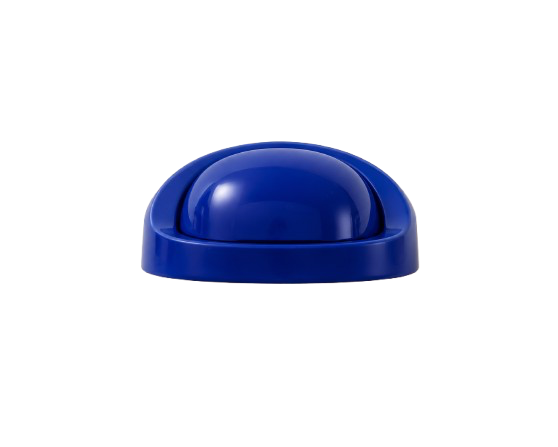 Blue emergency stop button against a white background.