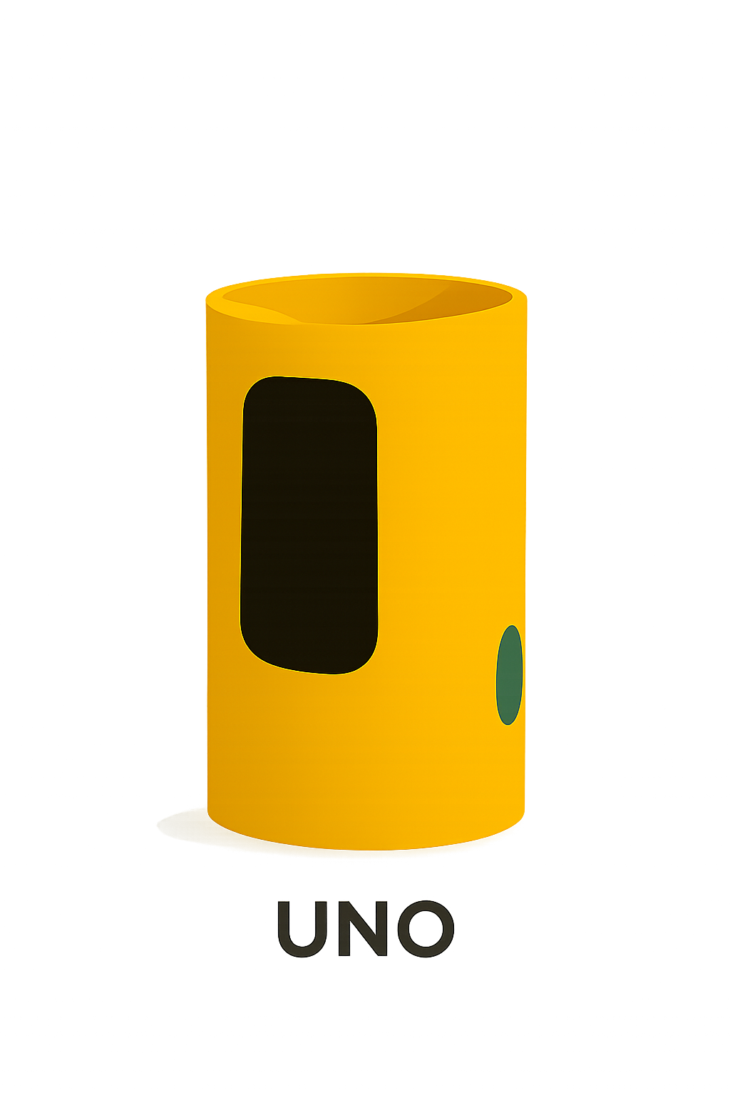Yellow cylindrical UNO card holder with a black top, a small oval button, and the word "UNO" written below.