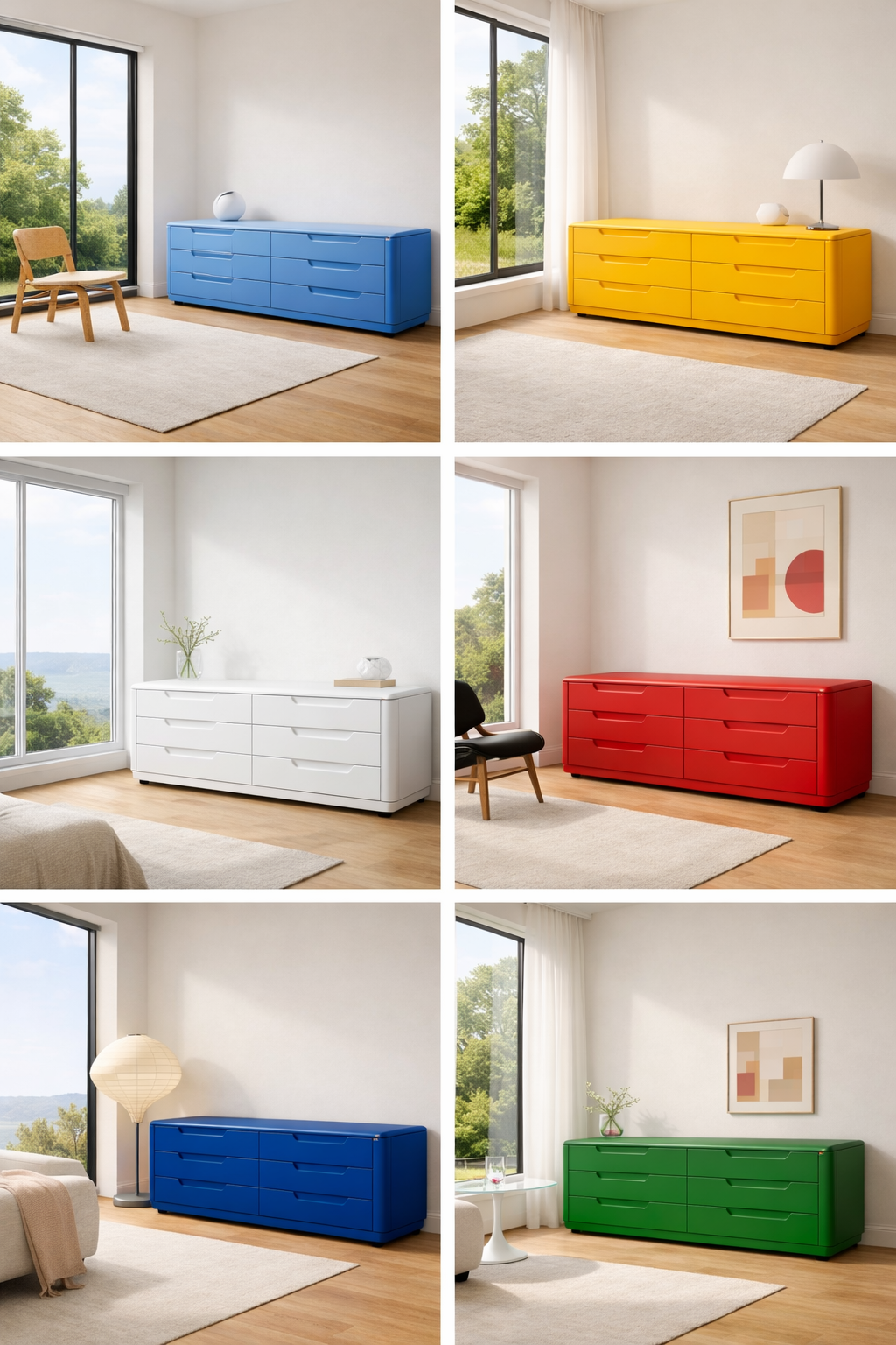 Different colored modern sideboards in minimalist rooms with large windows and outdoor views, including blue, yellow, white, red, blue again, and green.