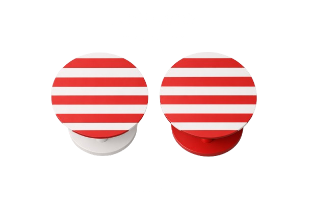 Two round objects with red and white horizontal stripes on top, resembling buttons or lids, on a white background.