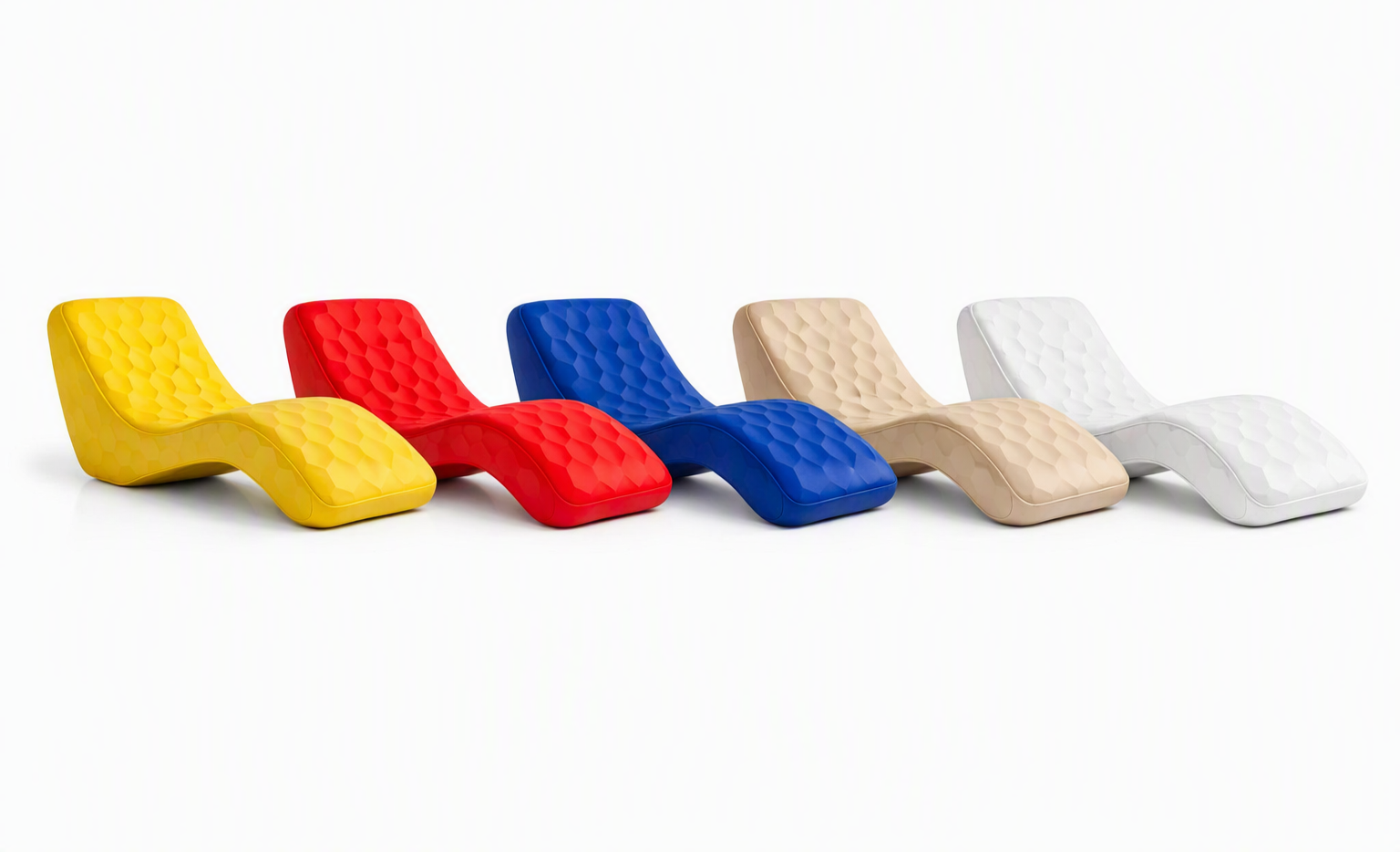 Five modern, textured lounge chairs in yellow, red, blue, beige, and white, lined up against a white background.
