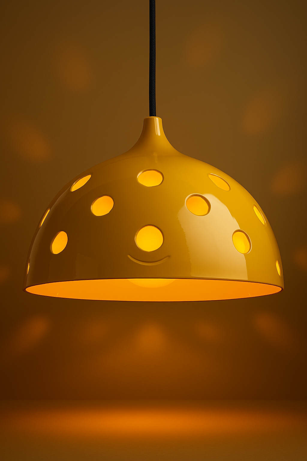 A yellow pendant lamp with circular cutouts, emitting warm light, hanging from a black cord.