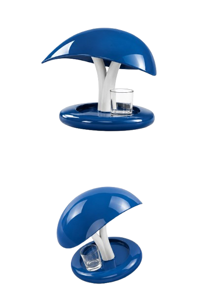 A mushroom-shaped drink holder with a blue cap, white stalk, and a main ring at the bottom. It holds a clear glass with a drink.