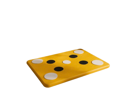 A yellow electronic dice with black and white dots, placed on a black surface.