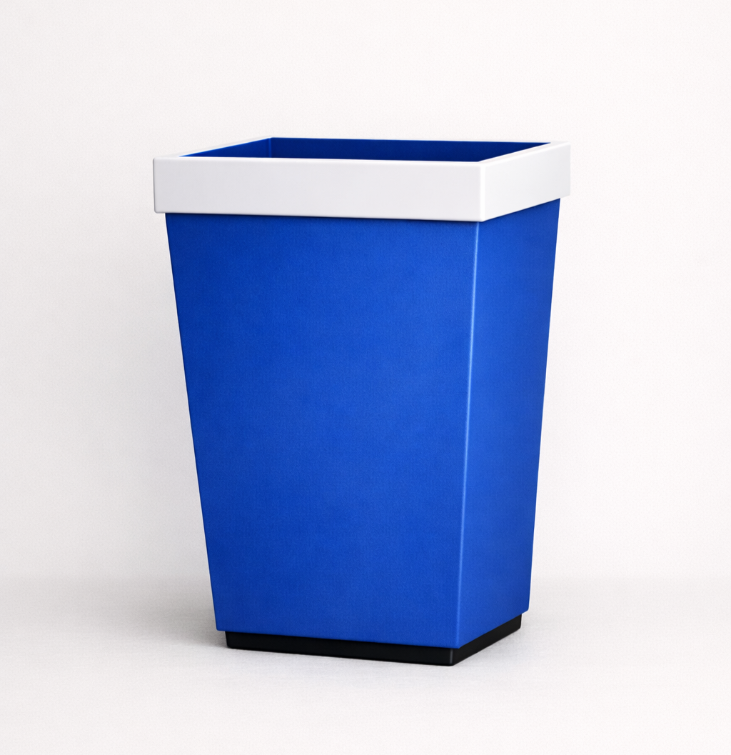 A blue and white rectangular trash can with a black base against a plain white background.