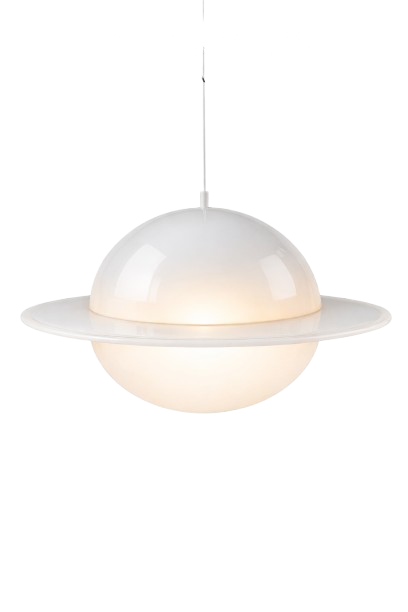 A ceiling light fixture designed to resemble the planet Saturn with rings, emitting a soft glow.