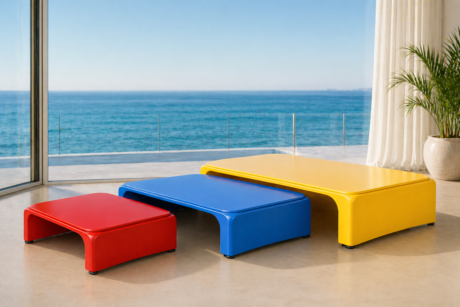 Colorful modern coffee tables in red, blue, and yellow inside a room with large window overlooking the ocean, with a potted plant and curtains.