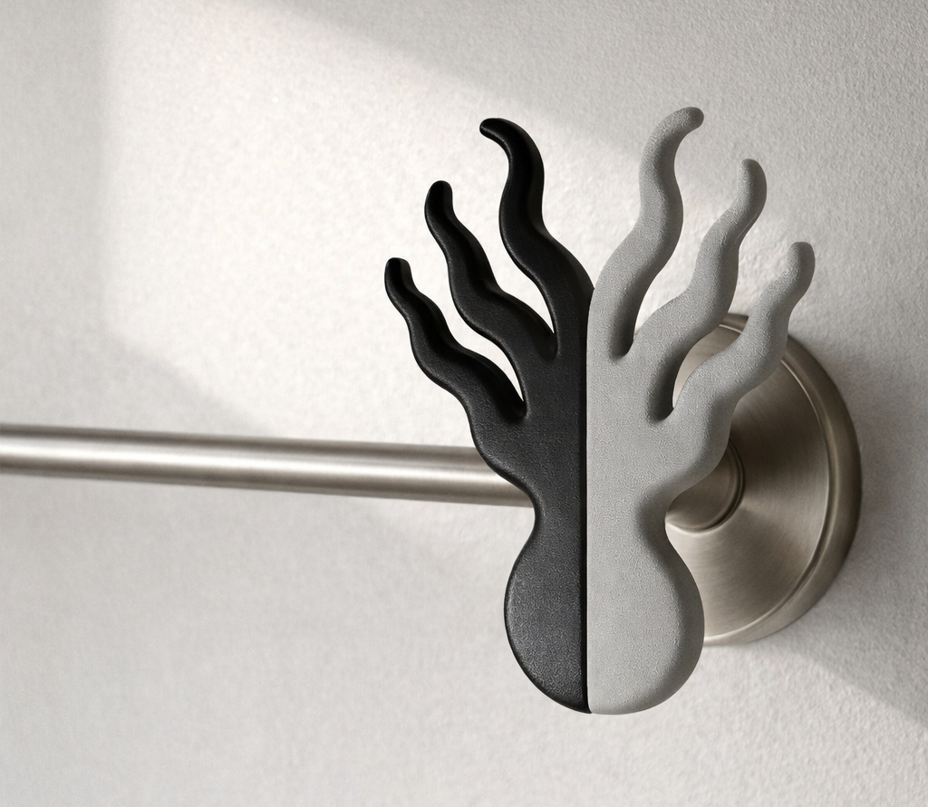 A modern wall hook in the shape of a hand with black and gray sections, mounted on a light-colored wall.