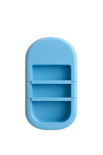 A blue, pill-shaped plastic container with three compartments and sliding covers.