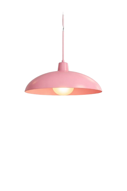 Pink hanging ceiling lamp illuminating a room with yellow furniture.