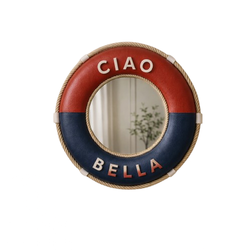 A life preserver decorated with the colors and words 'CIAO' and 'BELLA' hanging on a white wall.