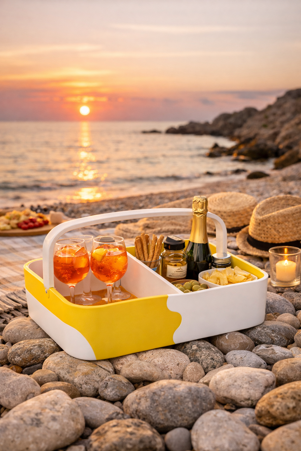 A picnic basket with drinks, snacks, and a bottle of champagne on a rocky beach at sunset.