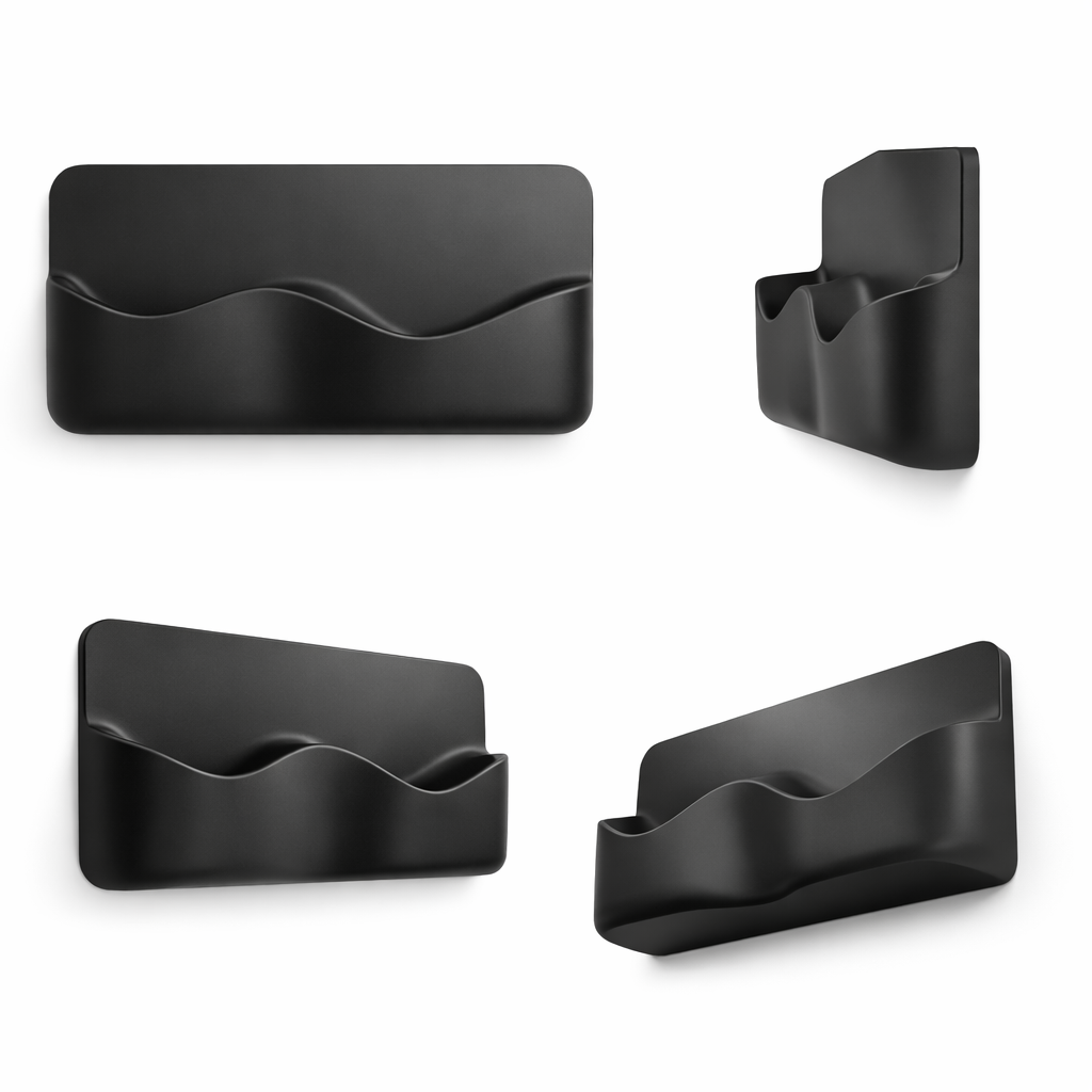 Four black modern wall-mounted organizers with a wave design, photographed from different angles against a white background.