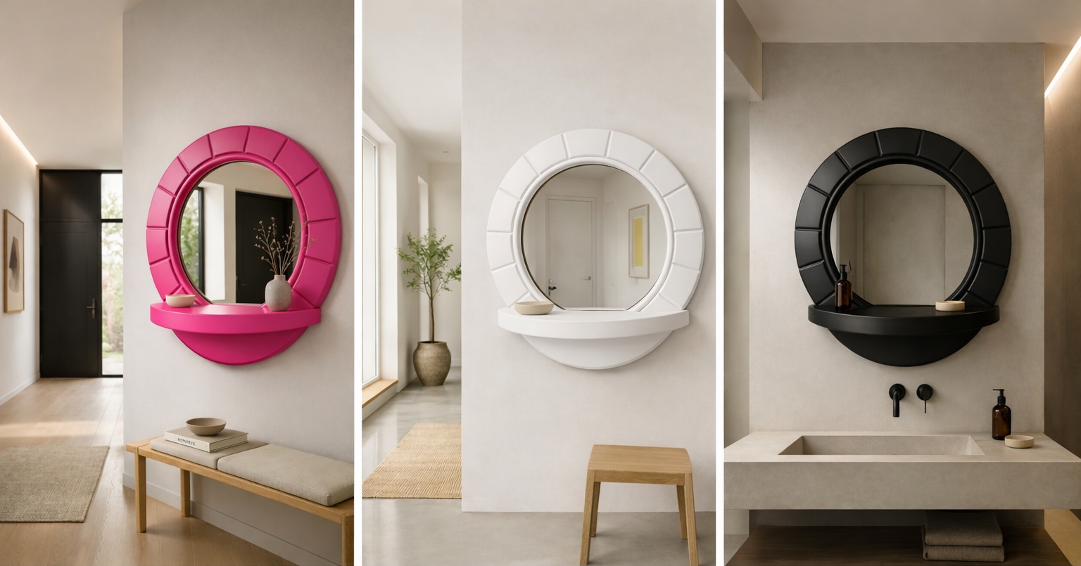 Three bathroom vanity mirrors with different colors: pink, white, and black, each with matching shelves and minimal decor, in modern, minimalist interiors.