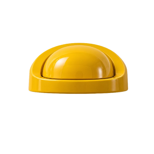 A yellow emergency button with a rounded top on a white background