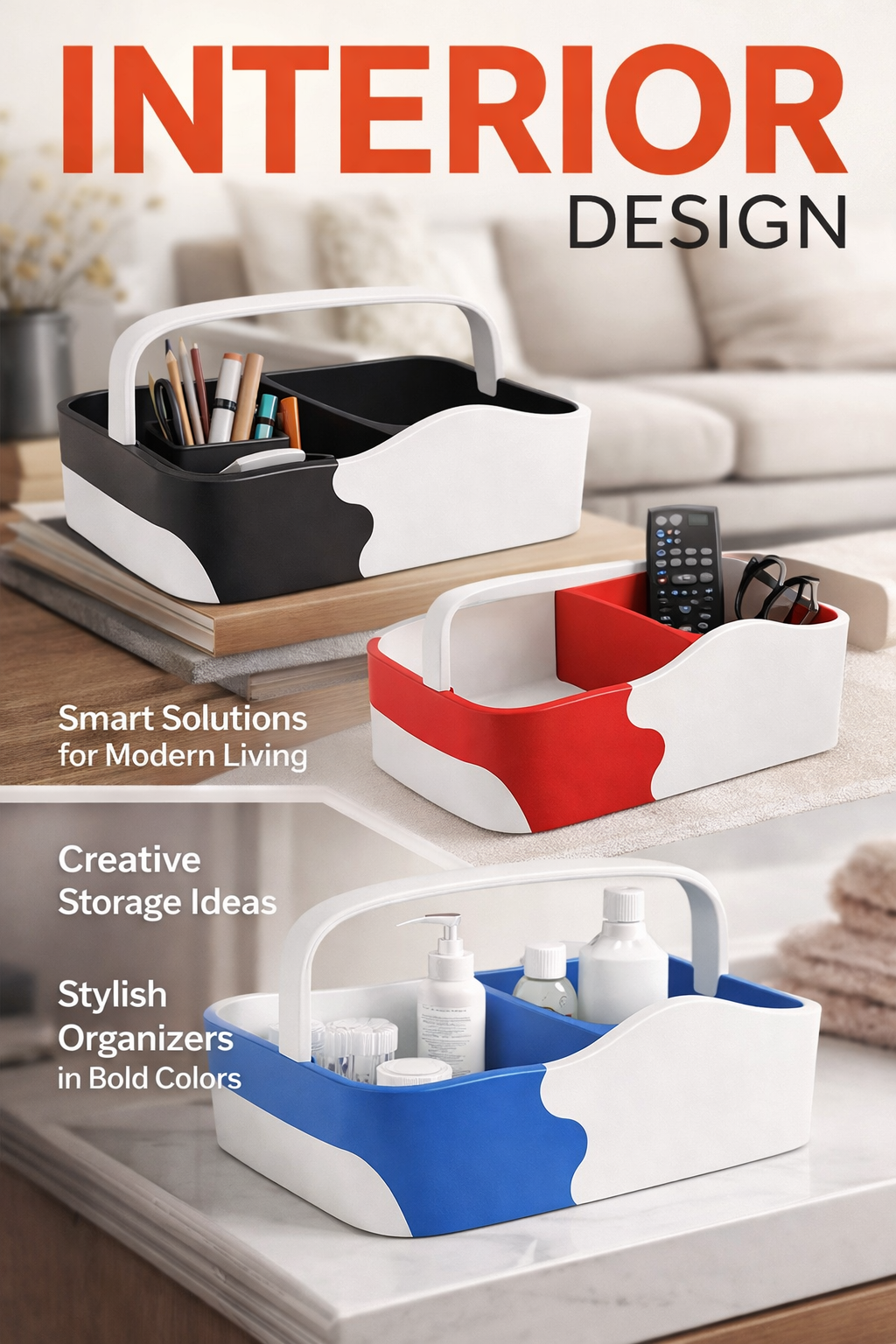 Three stylish storage organizers in black, red, and blue with white accents on a table, showcasing their use for different organizing needs like pens, remote controls, and toiletries in a modern living room setting.