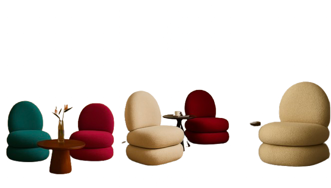 Colorful seating area with modern chairs in various shapes and colors, including teal, pink, beige, and red, arranged in front of abstract black, red, and yellow patterned backdrop.