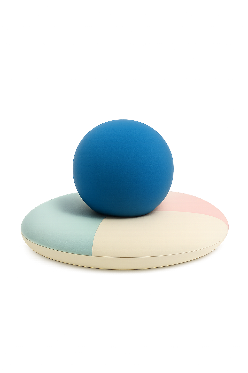 A minimalist scene with a large blue sphere placed on a circular platform divided into pastel shades, set against a dark background with vibrant, colorful light streaks.