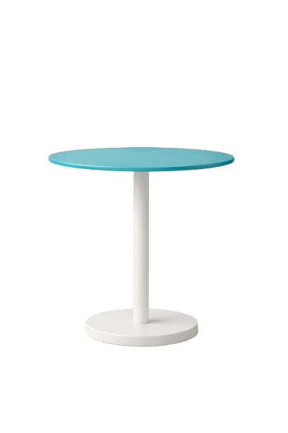A round tabletop with a light blue surface and a white central support column, placed against a plain white background.