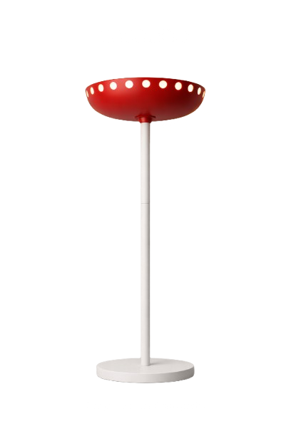 Red and white standing lamp with a round lampshade that has circular cutouts.