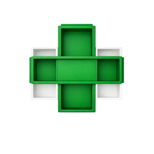 Green and white cross-shaped first aid kit or storage container with multiple compartments