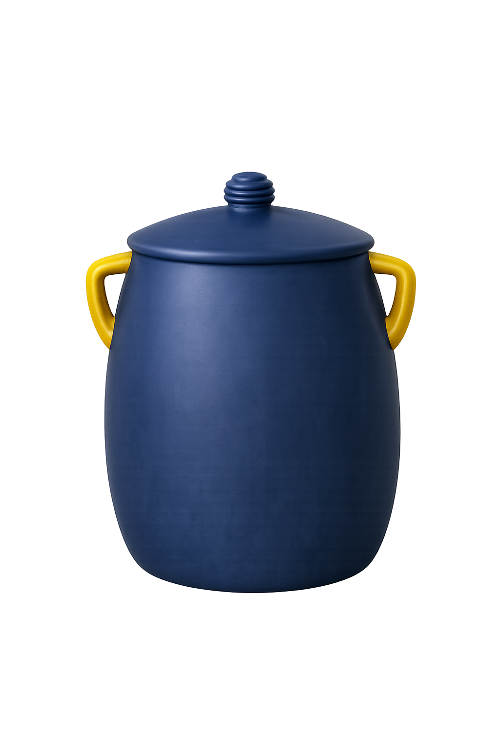 A blue ceramic jar with yellow handles and a lid, positioned against a dark background with colorful light streaks.