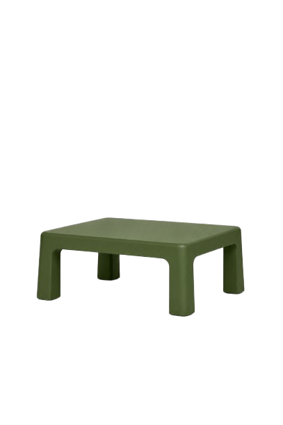 A small, green plastic stool with four wide legs seen against a white background.