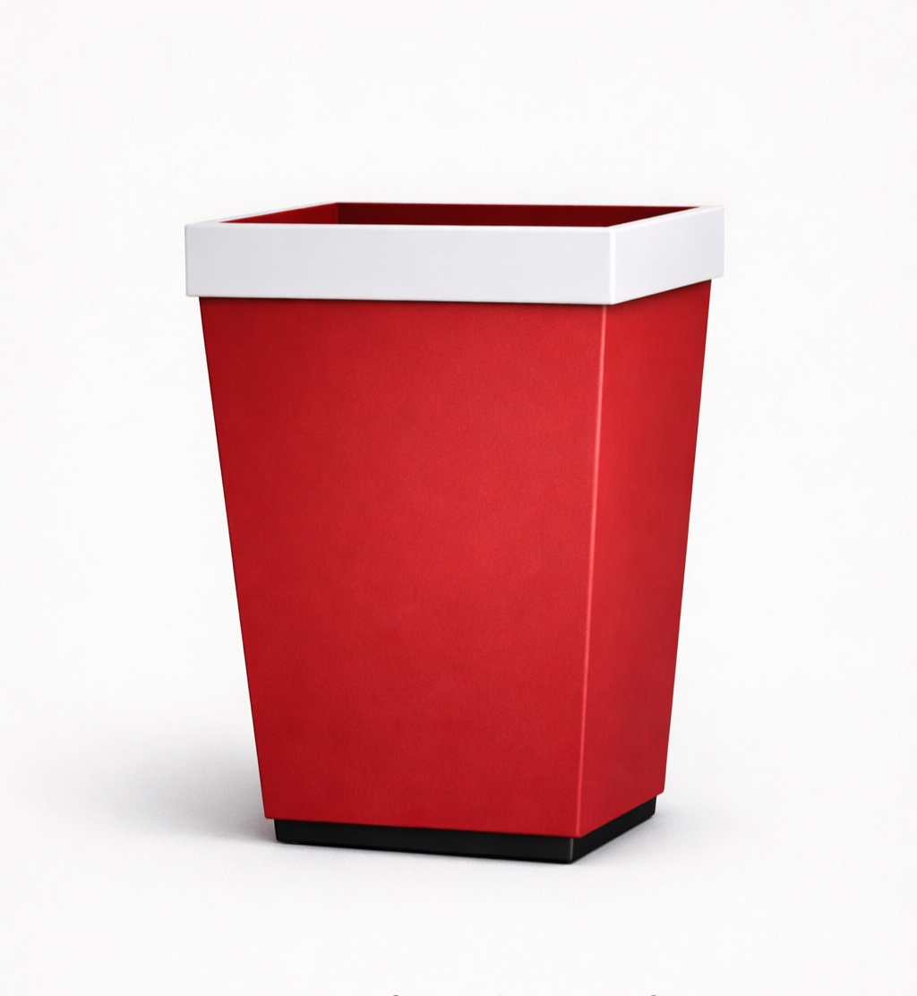 A red, rectangular planter with a white top rim against a plain white background.