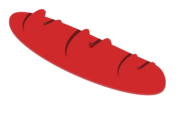 Red canoe with black stripes on a white background.