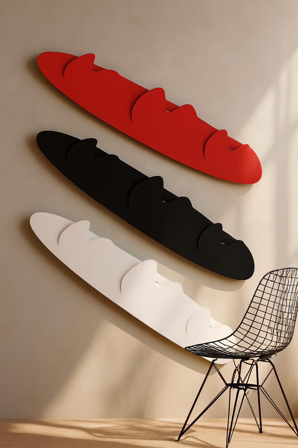 Three wall-mounted modern shelves in red, black, and white, shaped like stylized whale fins, with a wireframe black chair beside them in a room with beige walls and wooden floor.