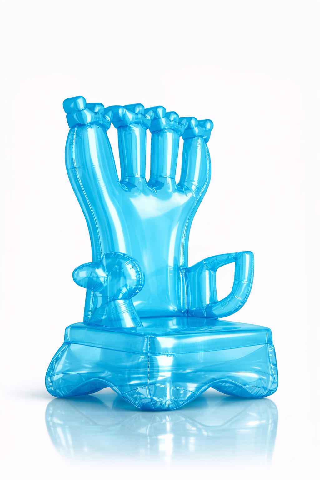 Blue inflatable balloon sculpture of a hand making a finger gun gesture on a white background.