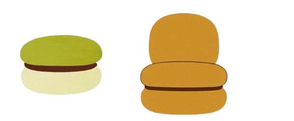 Two cartoon burger icons, one with green and white buns and the other with brown buns.