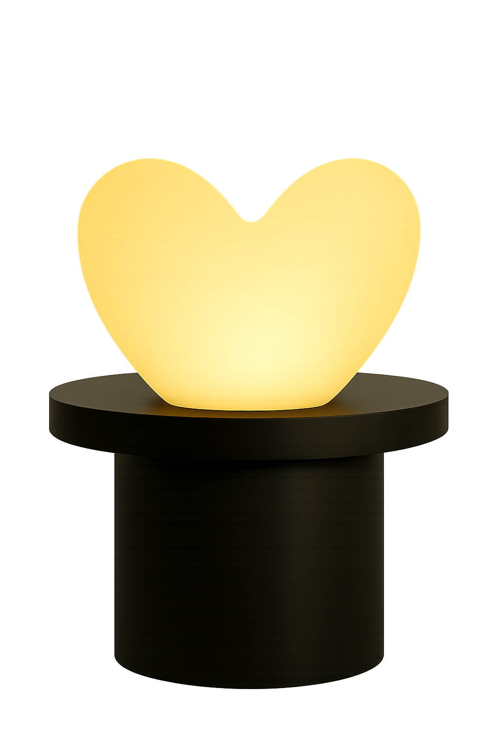 A glowing yellow heart-shaped lamp on a black round table.